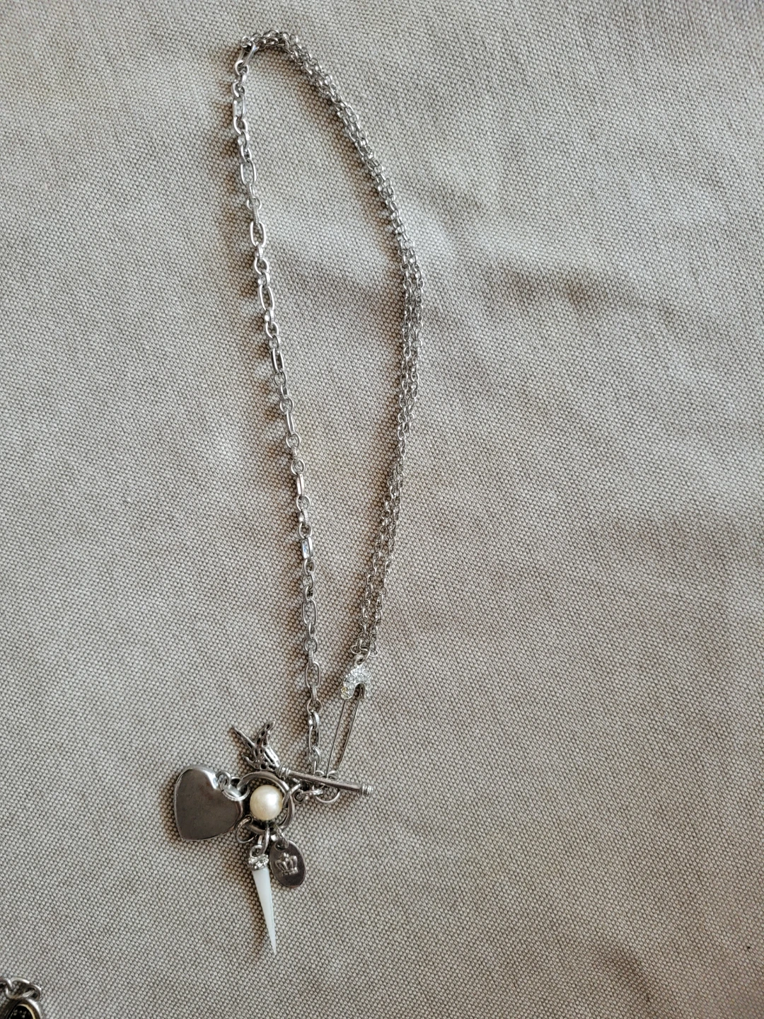 Silver Charm Necklace with Safety Pin and Pearl - photo 2