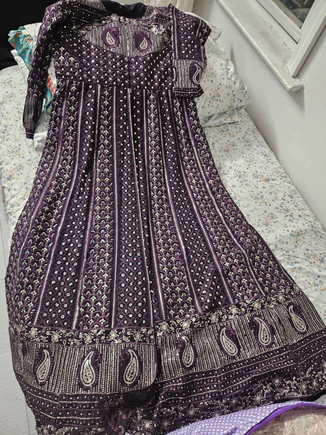 Purple Embroidered Maxi Dress with pant and skarf