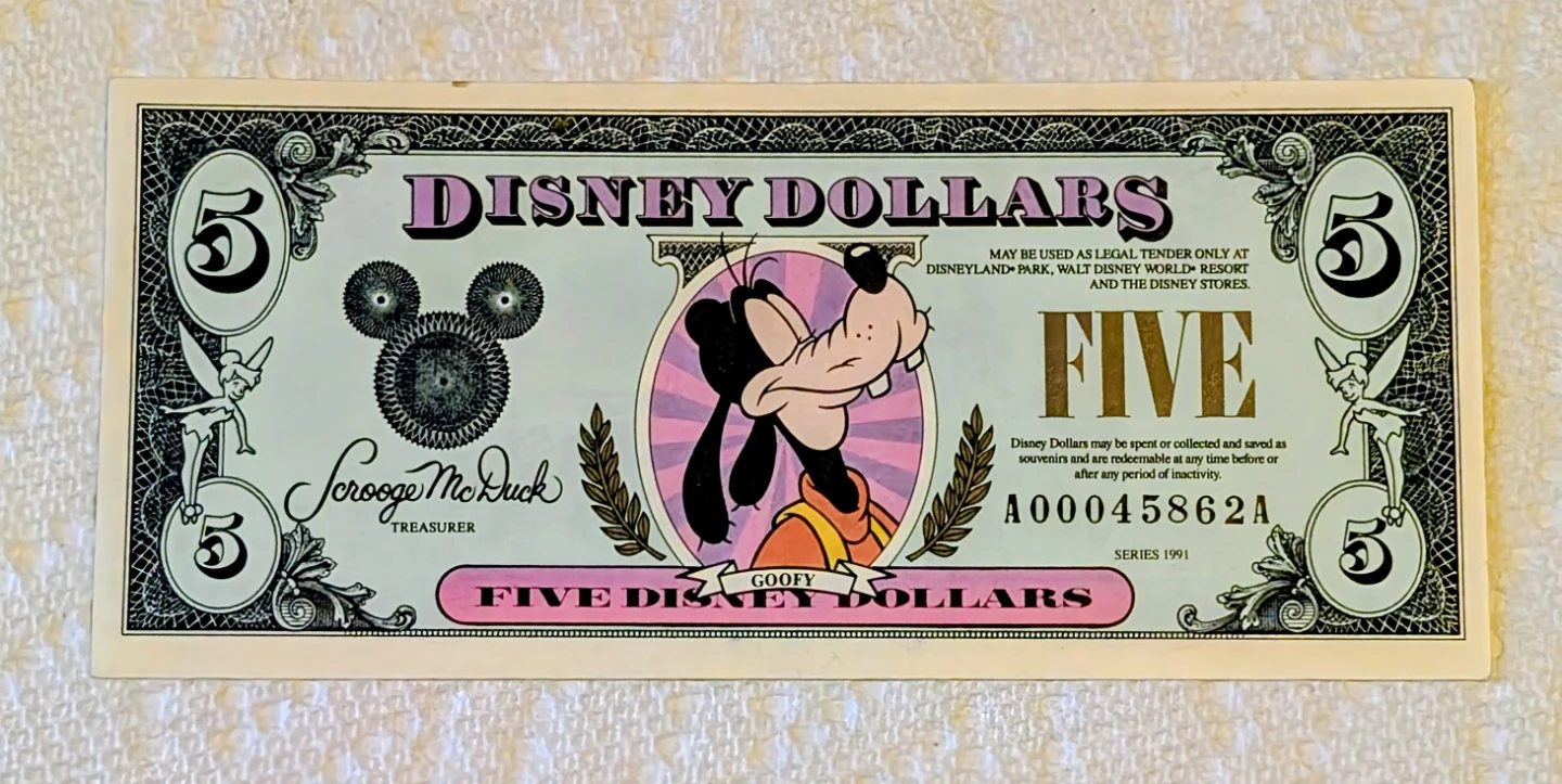 Vintage Disney Dollars - $5  Goofy Series 1991