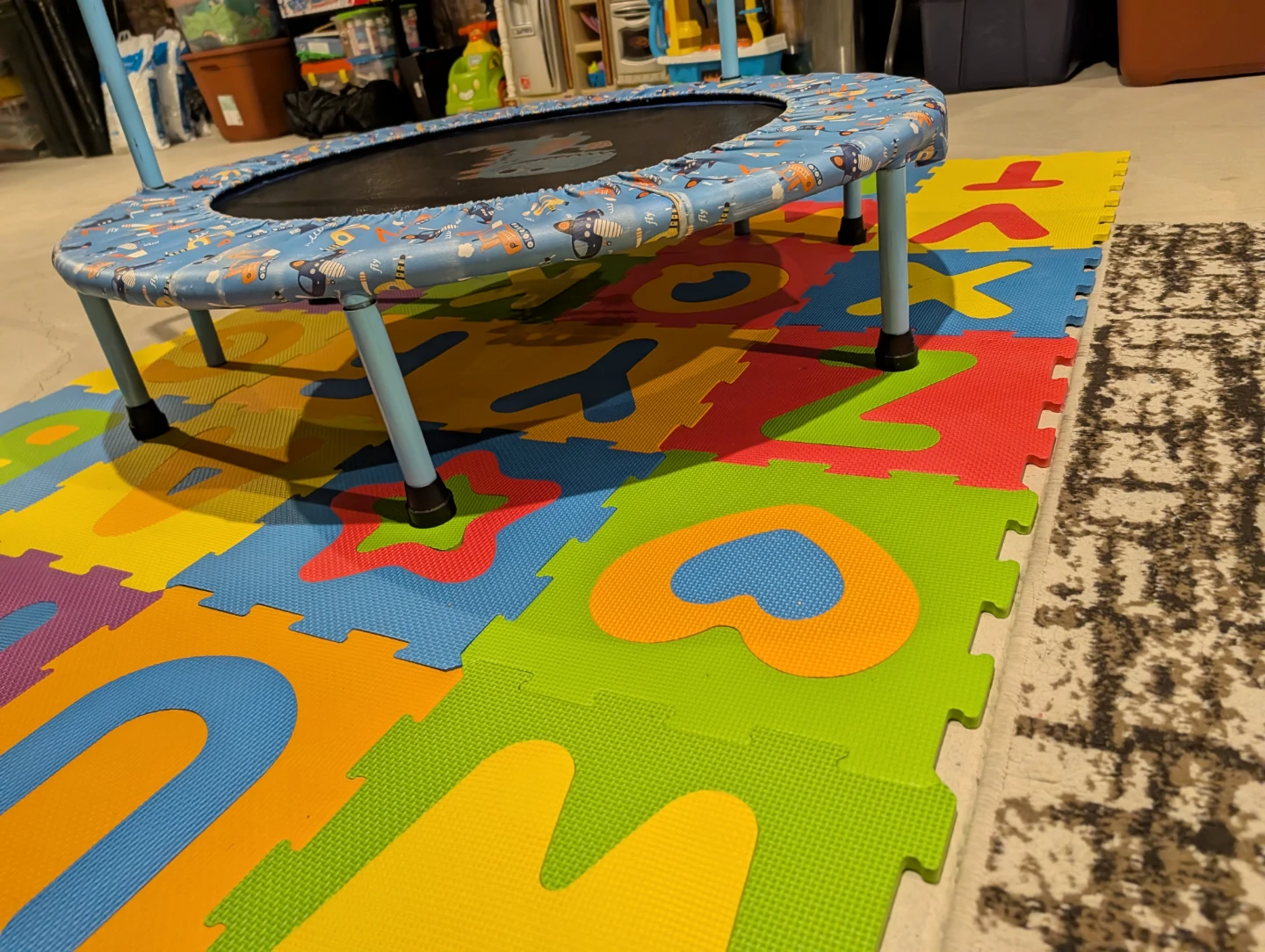 Blue Kids Trampoline with Dinosaur and Vehicle Print - photo 4