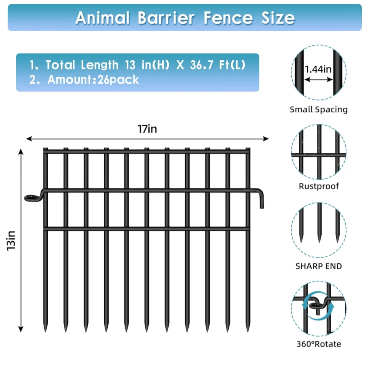 37ft (L) X 13in (H) Garden Animal Barrier Fence, 26 Pack - photo 2