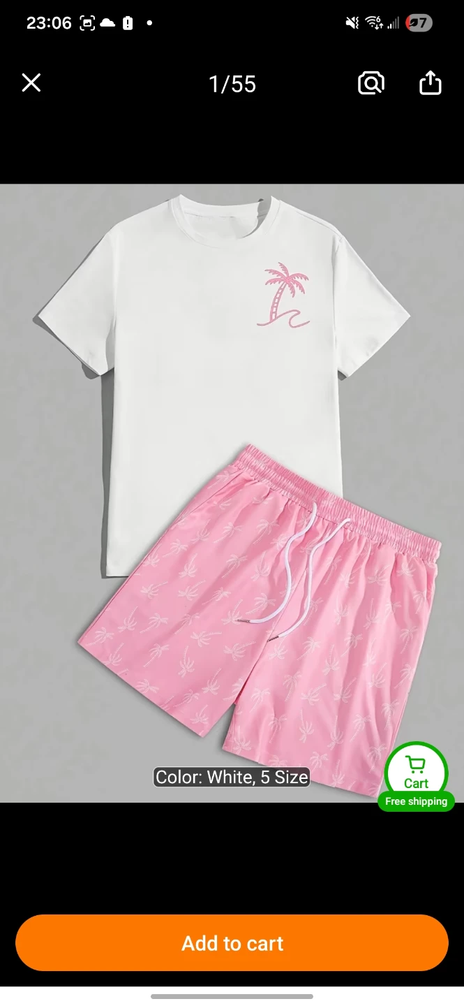 Men's White T-Shirt and Pink Palm Tree Shorts Set