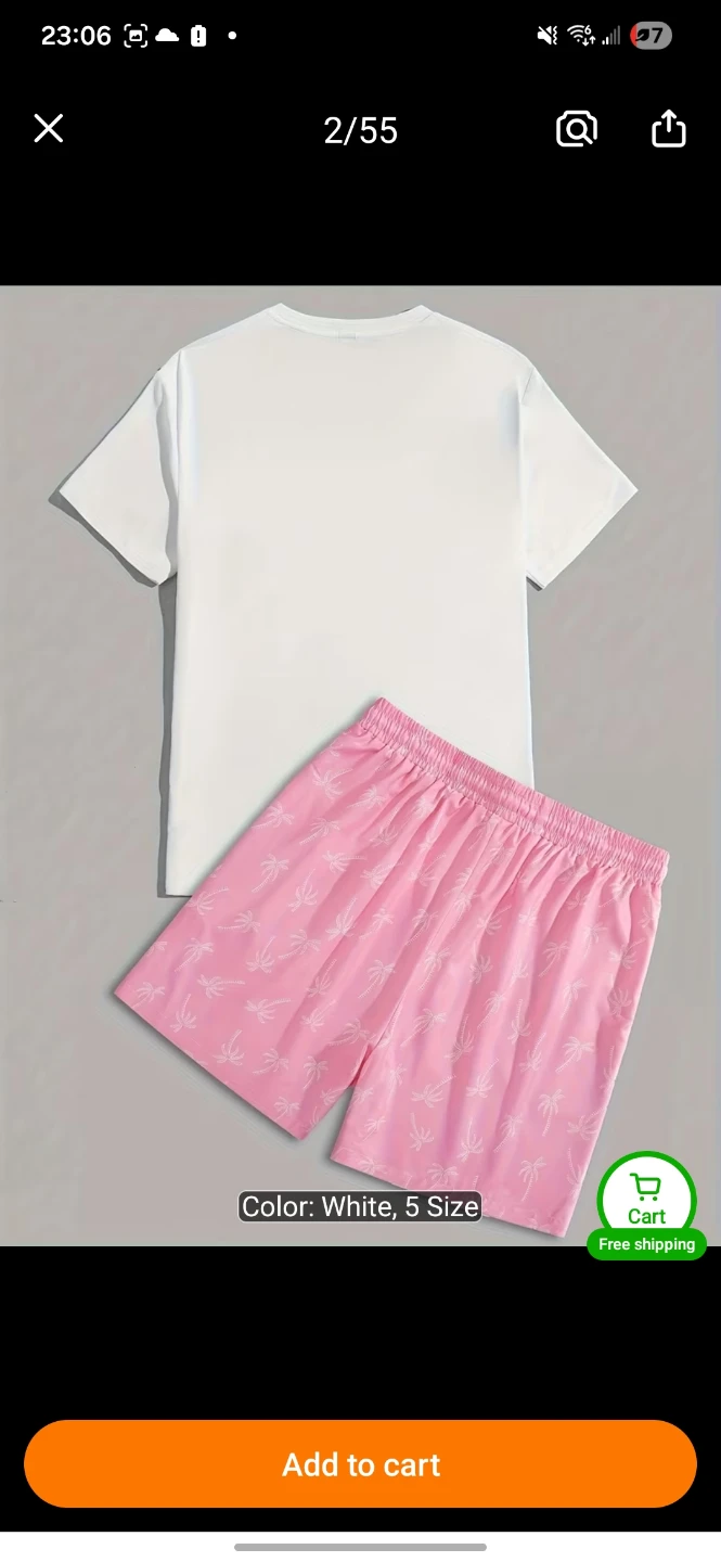 Men's White T-Shirt and Pink Palm Tree Shorts Set - photo 2