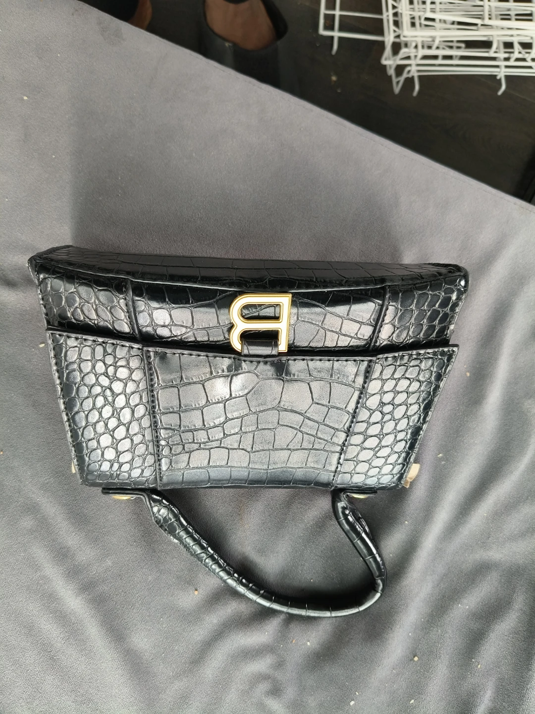 Black Crocodile-embossed Handbag with Gold B Logo
