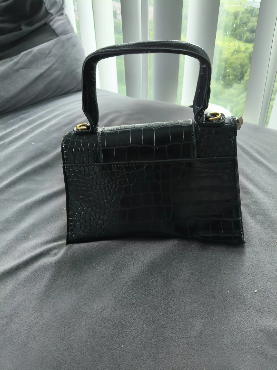 Black Crocodile-embossed Handbag with Gold B Logo - photo 2