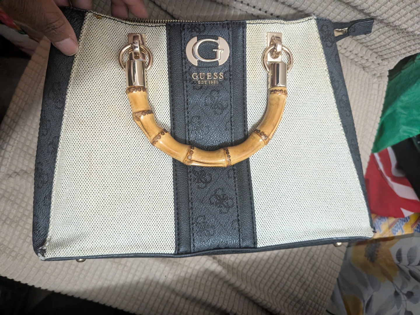 GUESS Striped Tote Bag with Bamboo Handles