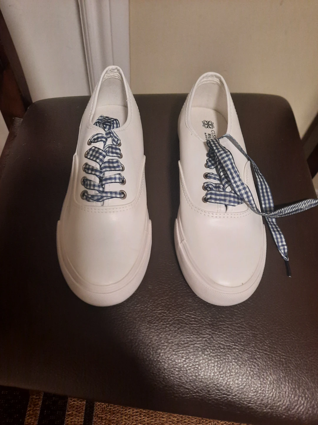 White Sneakers with Blue Gingham Laces