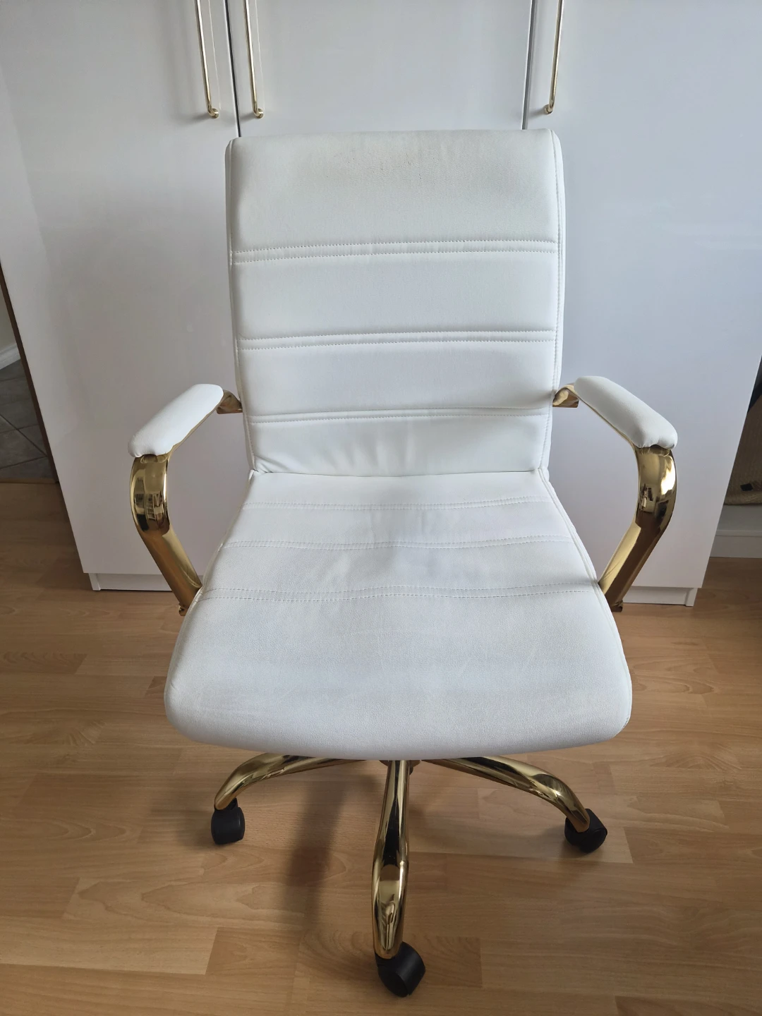 White Faux Leather Office Chair with Gold Accents