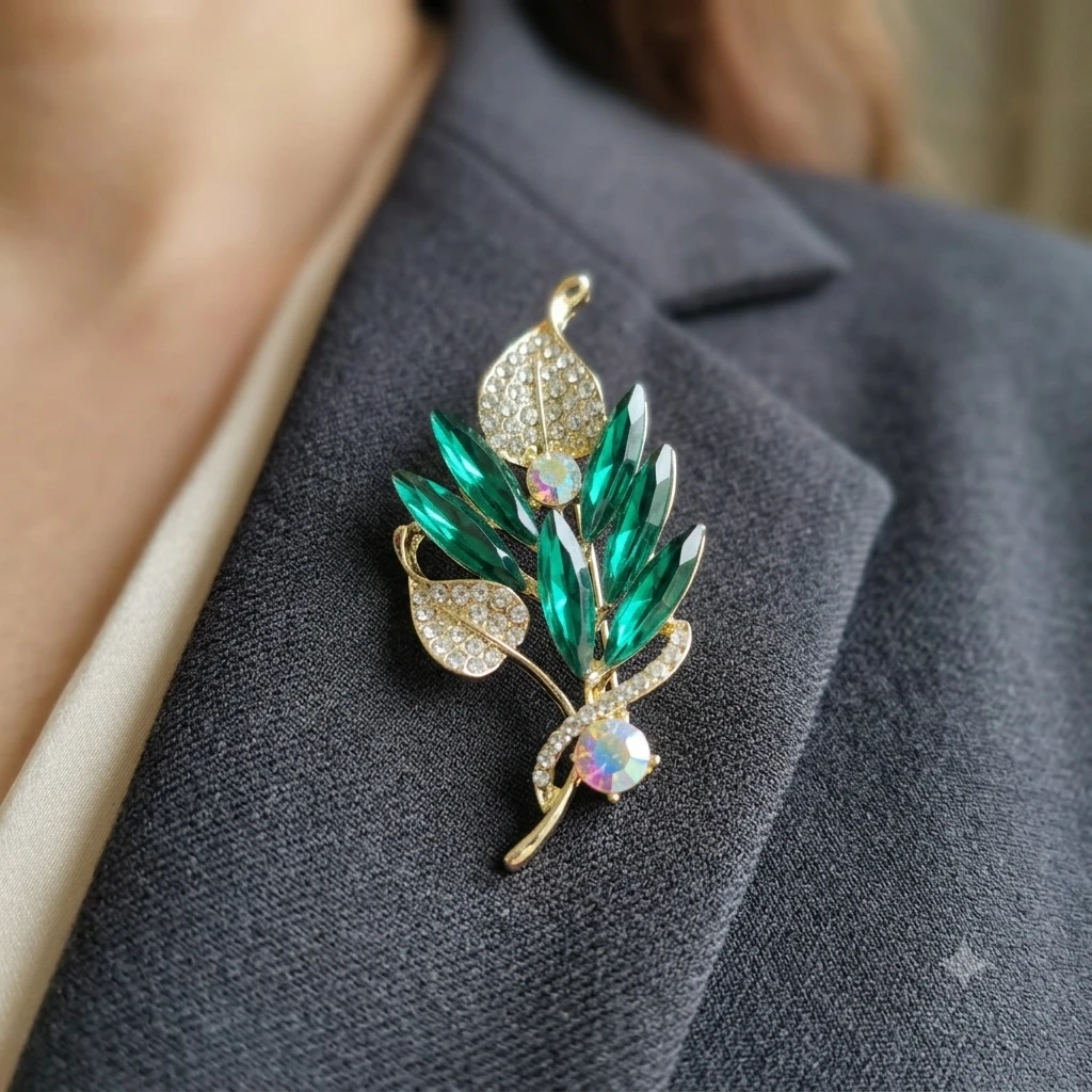 ✨ Emerald Green Crystal Leaf Brooch by Rabloo Accessories - photo 2