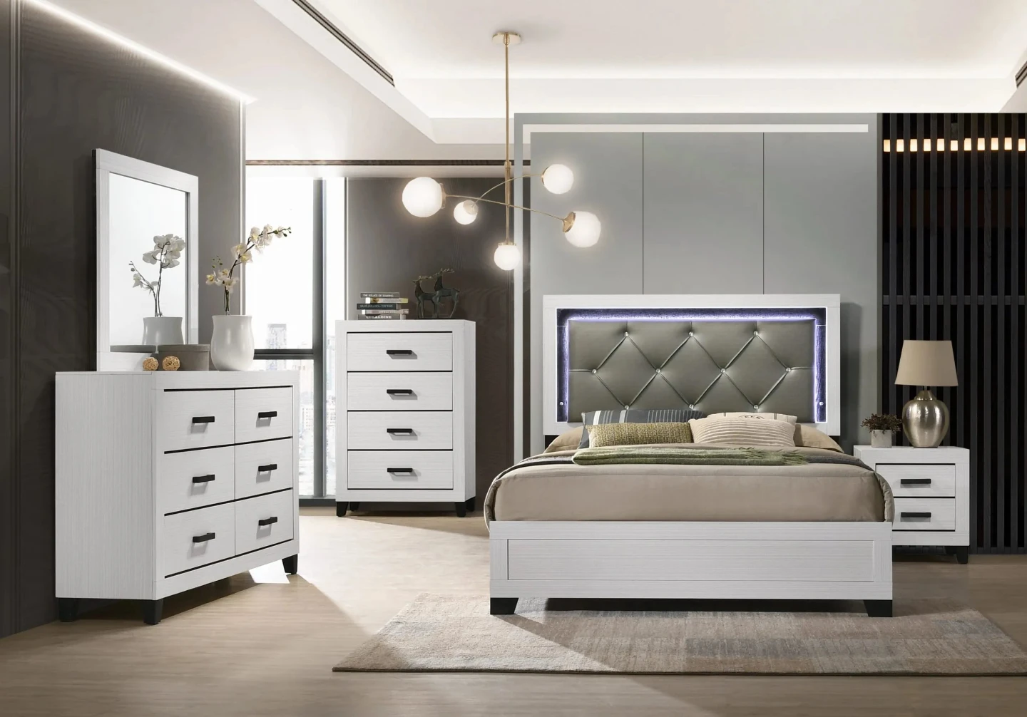 White Queen Bed Frame with Tufted Headboard and LED Lights - photo 3
