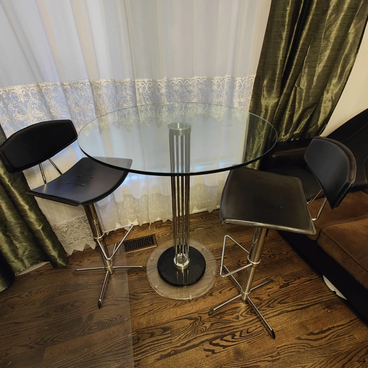 Art Deco Glass Top Bar Table with Black Adjustable Chairs