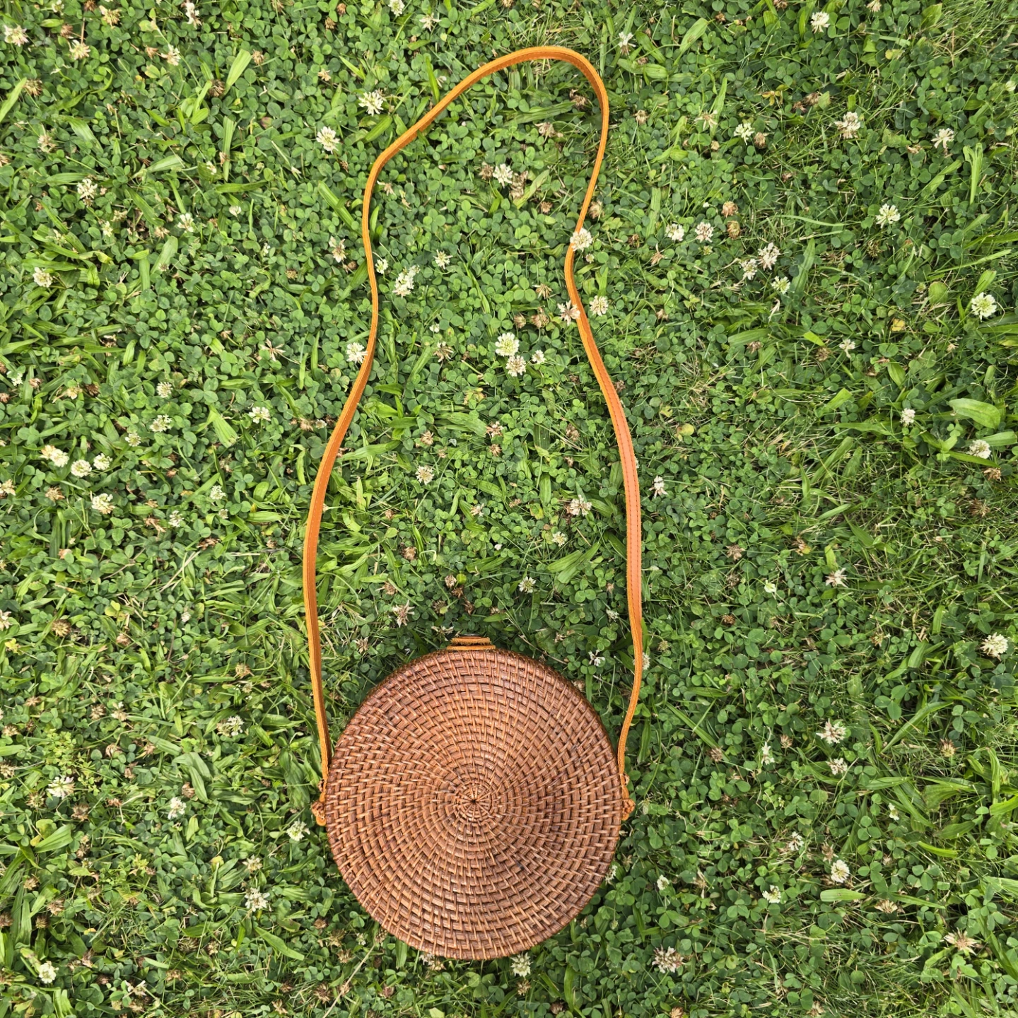 Round Rattan Crossbody Bag with Leather Strap