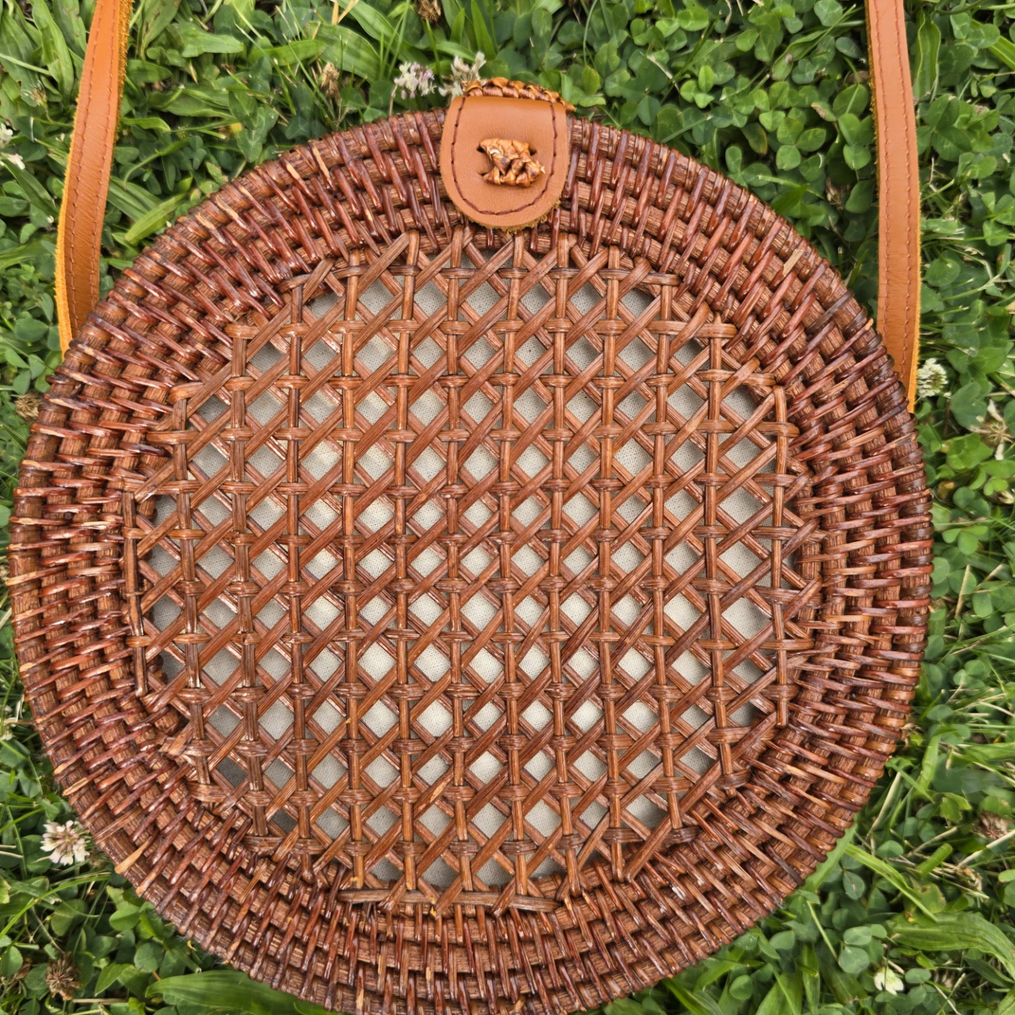 Round Rattan Crossbody Bag with Leather Strap - photo 4