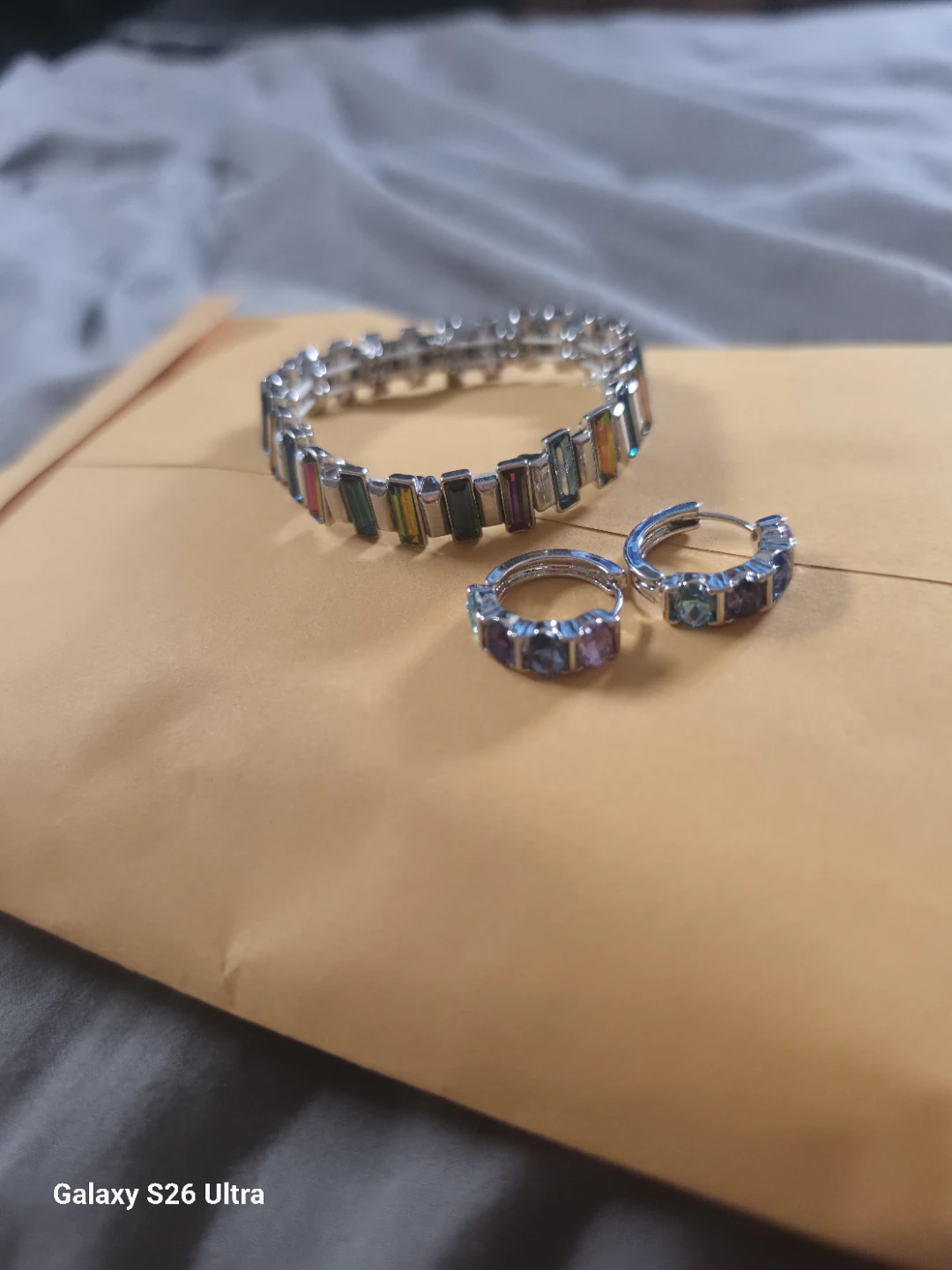 Color Gemstone Bracelet and Hoop Earrings Set