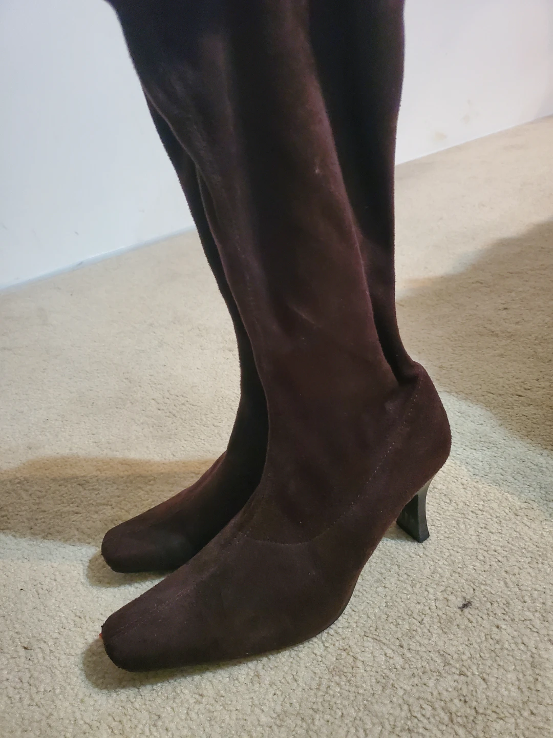 Brown Suede Pointed Long Toe Heeled Boots - photo 2