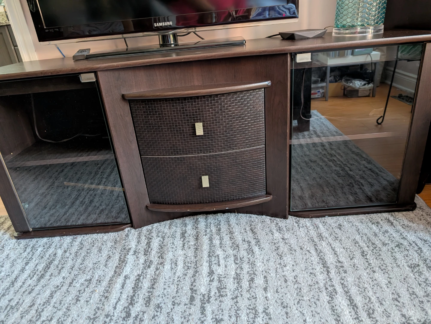 Dark Wood TV Stand with Glass Doors and Drawers