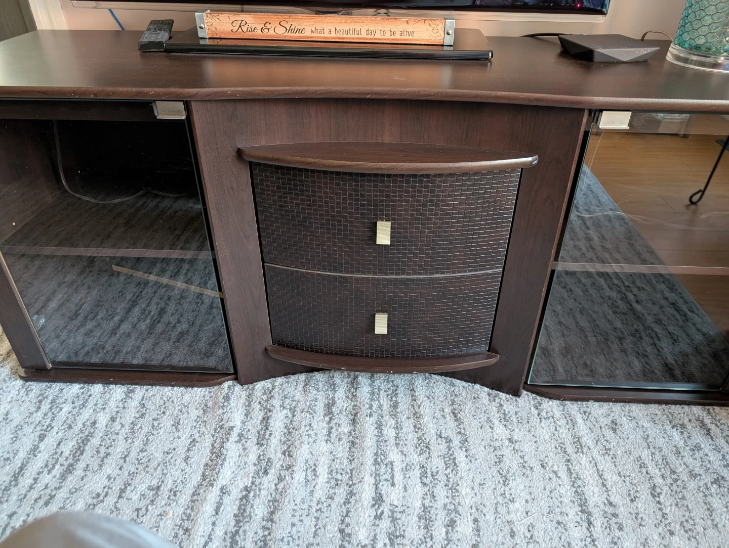 Dark Wood TV Stand with Glass Doors and Drawers - photo 2