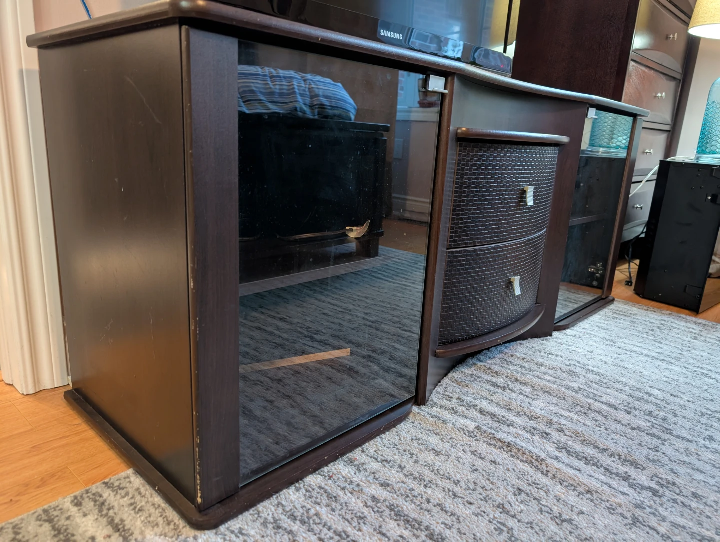Dark Wood TV Stand with Glass Doors and Drawers - photo 3