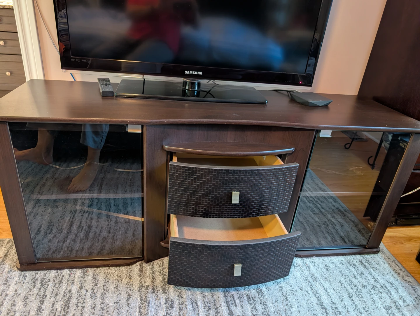 Dark Wood TV Stand with Glass Doors and Drawers - photo 4