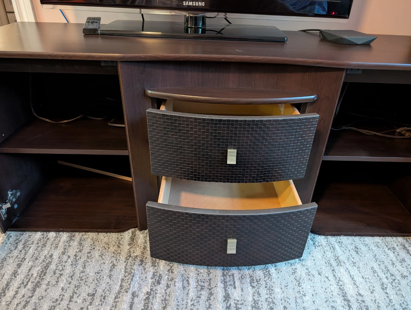 Dark Wood TV Stand with Glass Doors and Drawers - photo 5