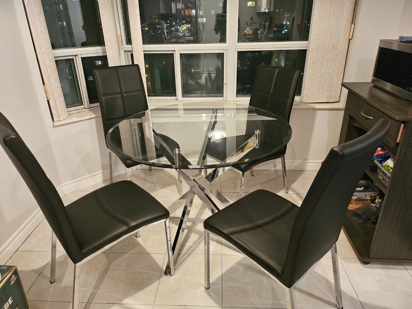 Glass Dining Table with 4 Black Chairs