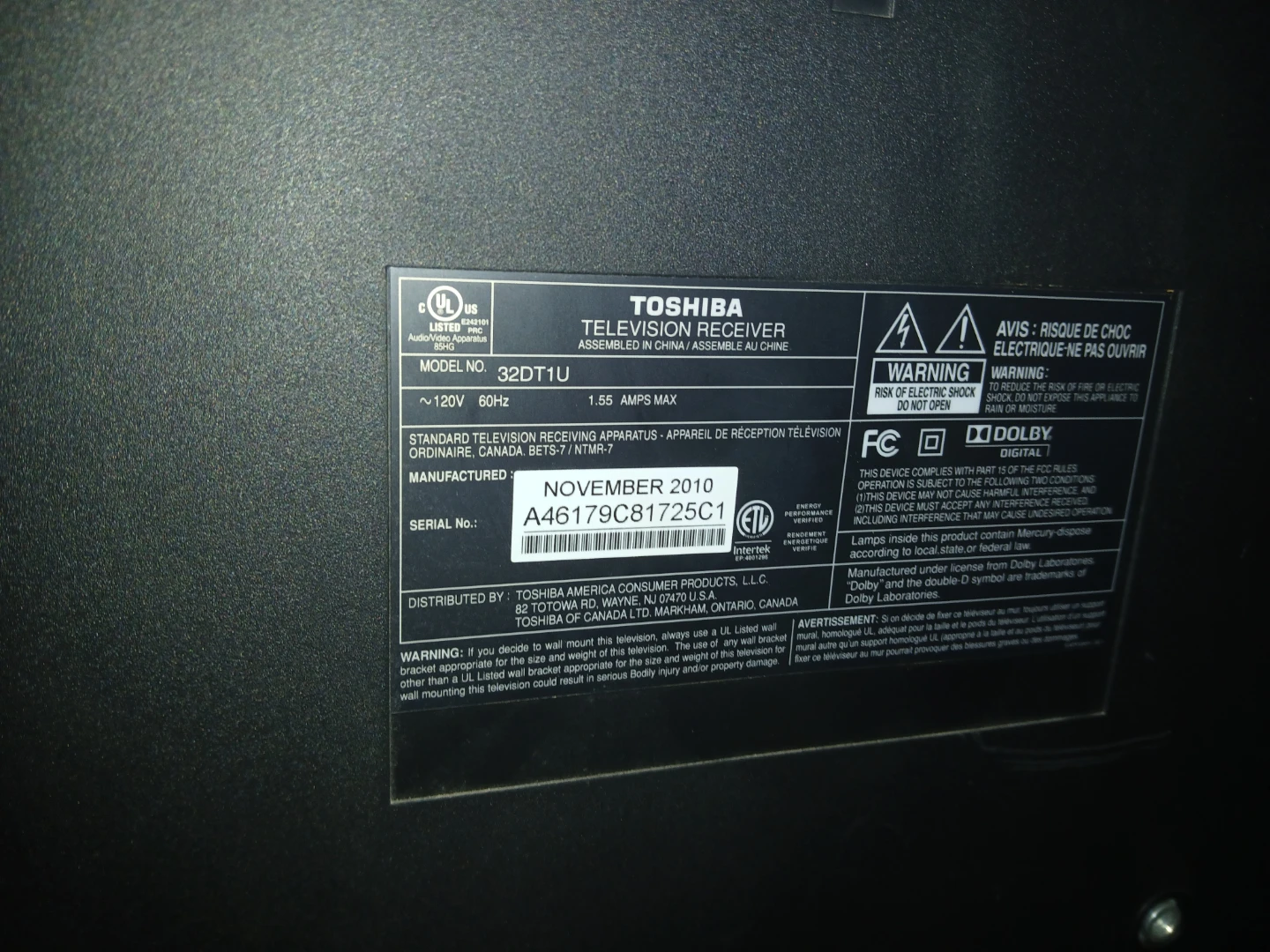 Toshiba 32" Television Receiver (No Remote) - photo 3