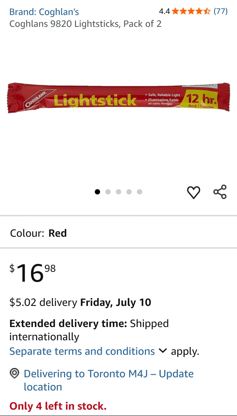 Brand New Coghlan's 9820 Lightsticks, Pack of 2 - Red