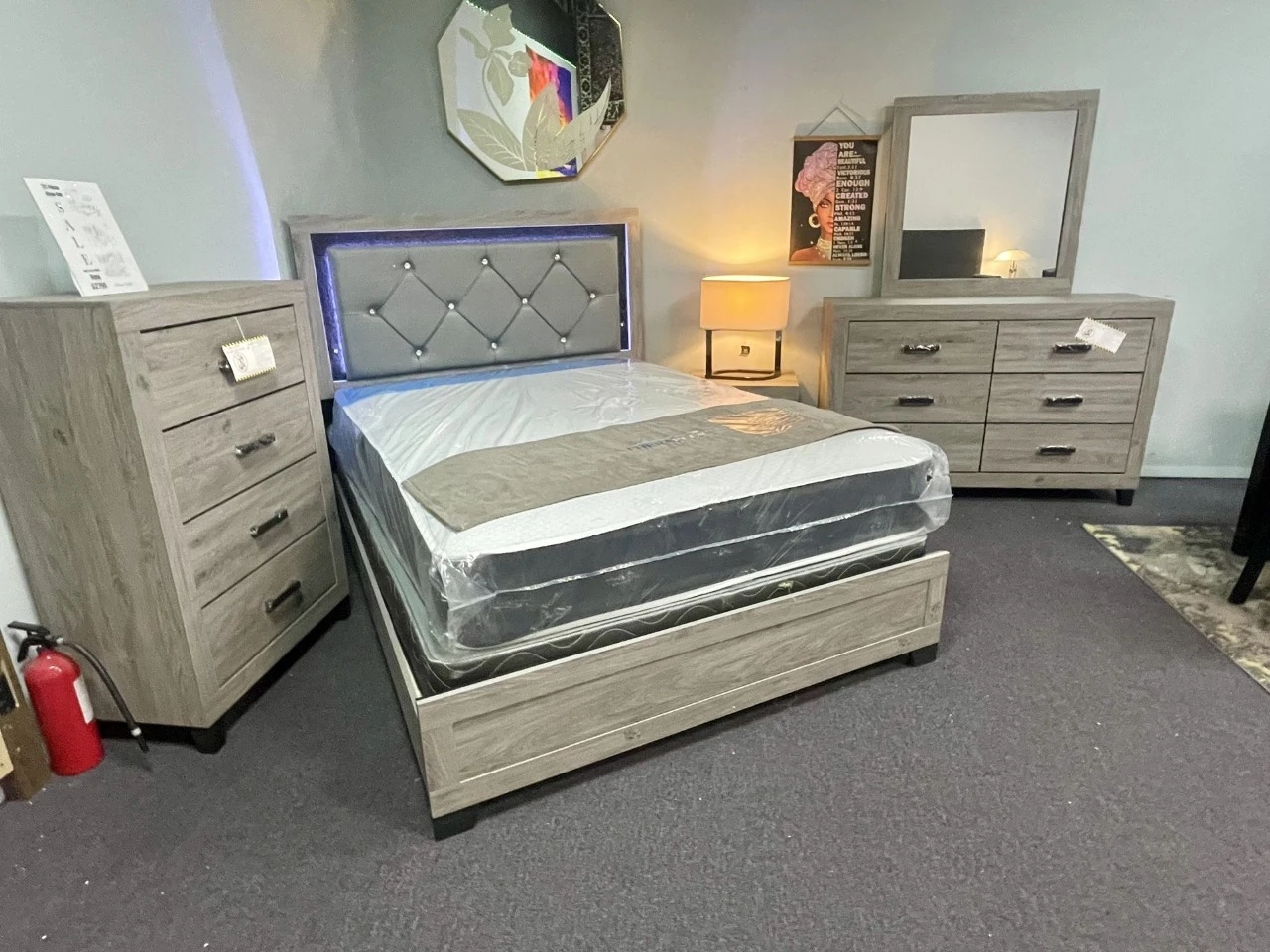 Grey Tufted Headboard Bed Frame with LED Lights