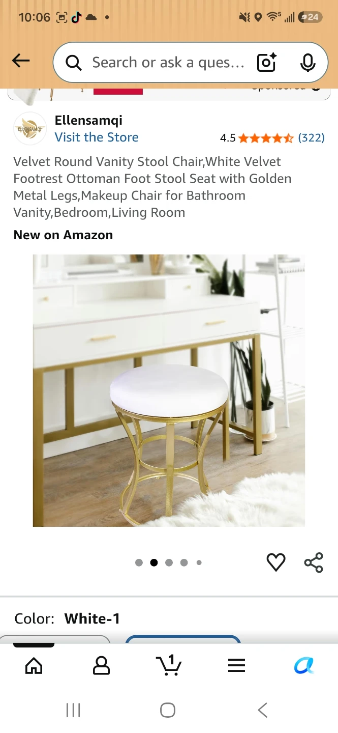 White Velvet Vanity Stool Chair with Golden Metal Legs - photo 3