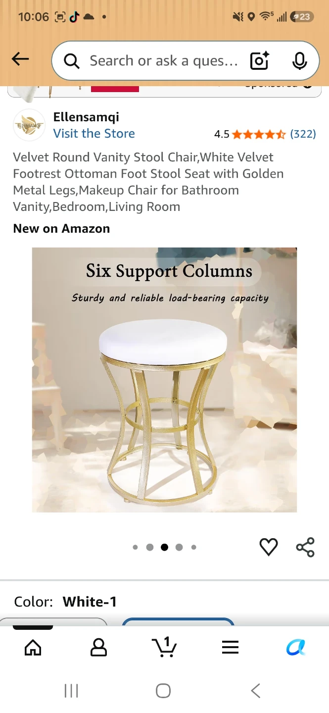 White Velvet Vanity Stool Chair with Golden Metal Legs - photo 5