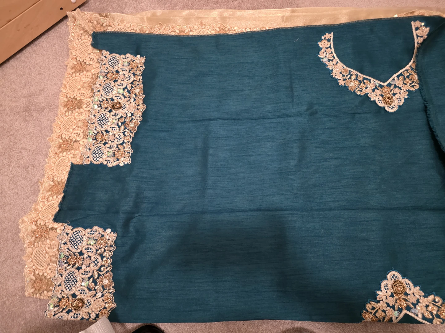 Teal and Golden Embroidered Saree with Lace Border