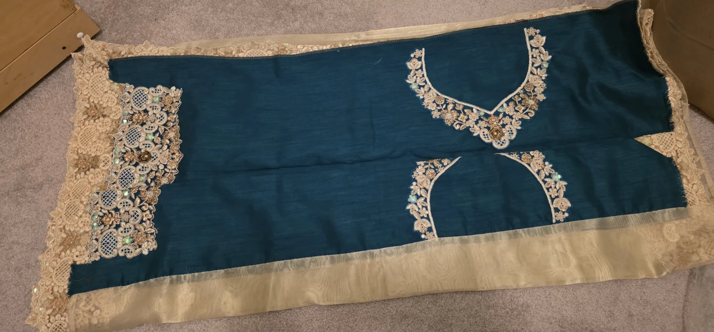 Teal and Golden Embroidered Saree with Lace Border - photo 2