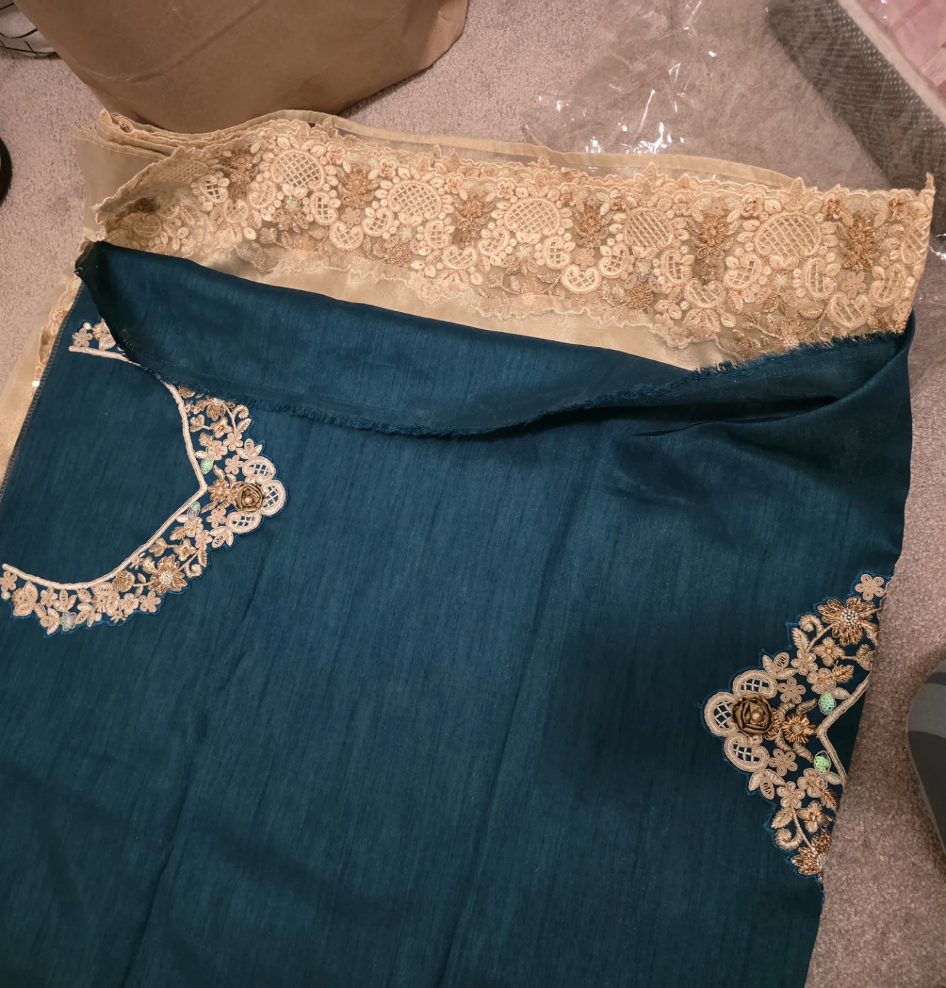 Teal and Golden Embroidered Saree with Lace Border - photo 3