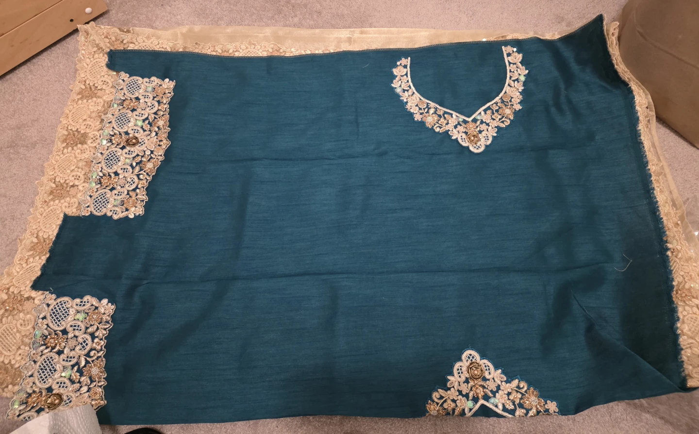 Teal and Golden Embroidered Saree with Lace Border - photo 4