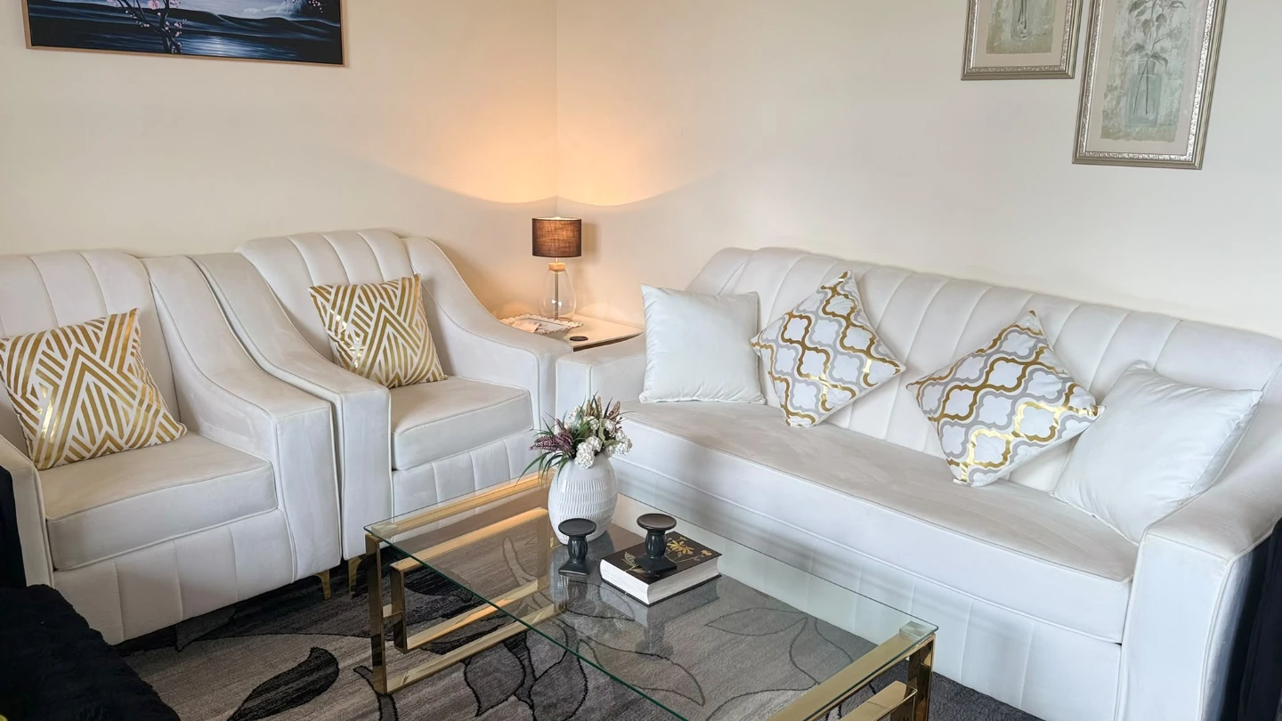 White Velvet Sofa with Gold Accents - photo 3