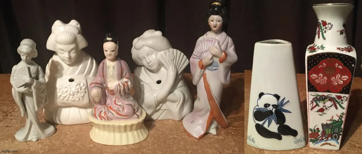 Lot of 7 Vintage Japanese Geisha Figurines, Vases, and Fan