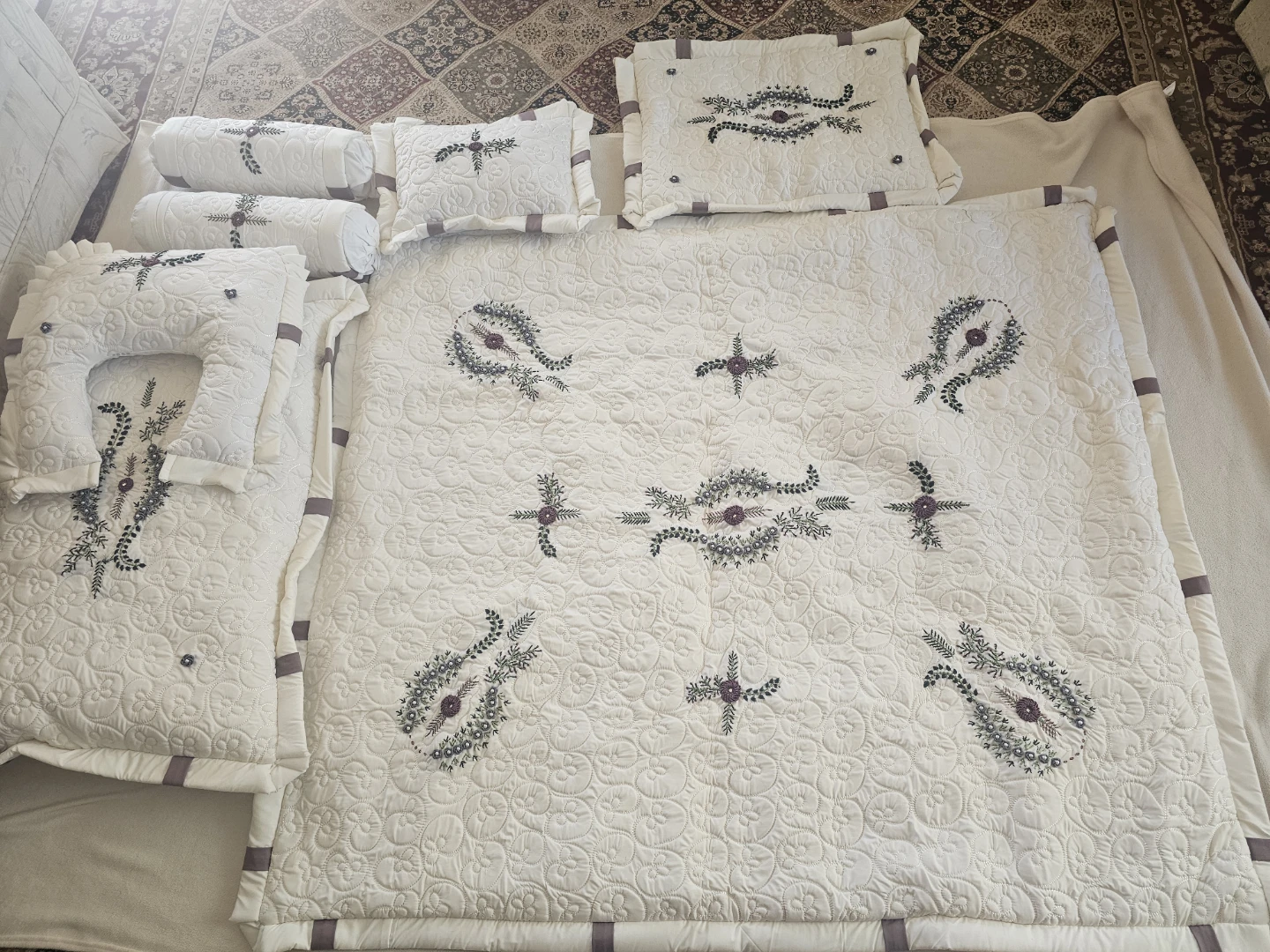 White Embroidered Baby Bedding Set with Bolsters and Pillows