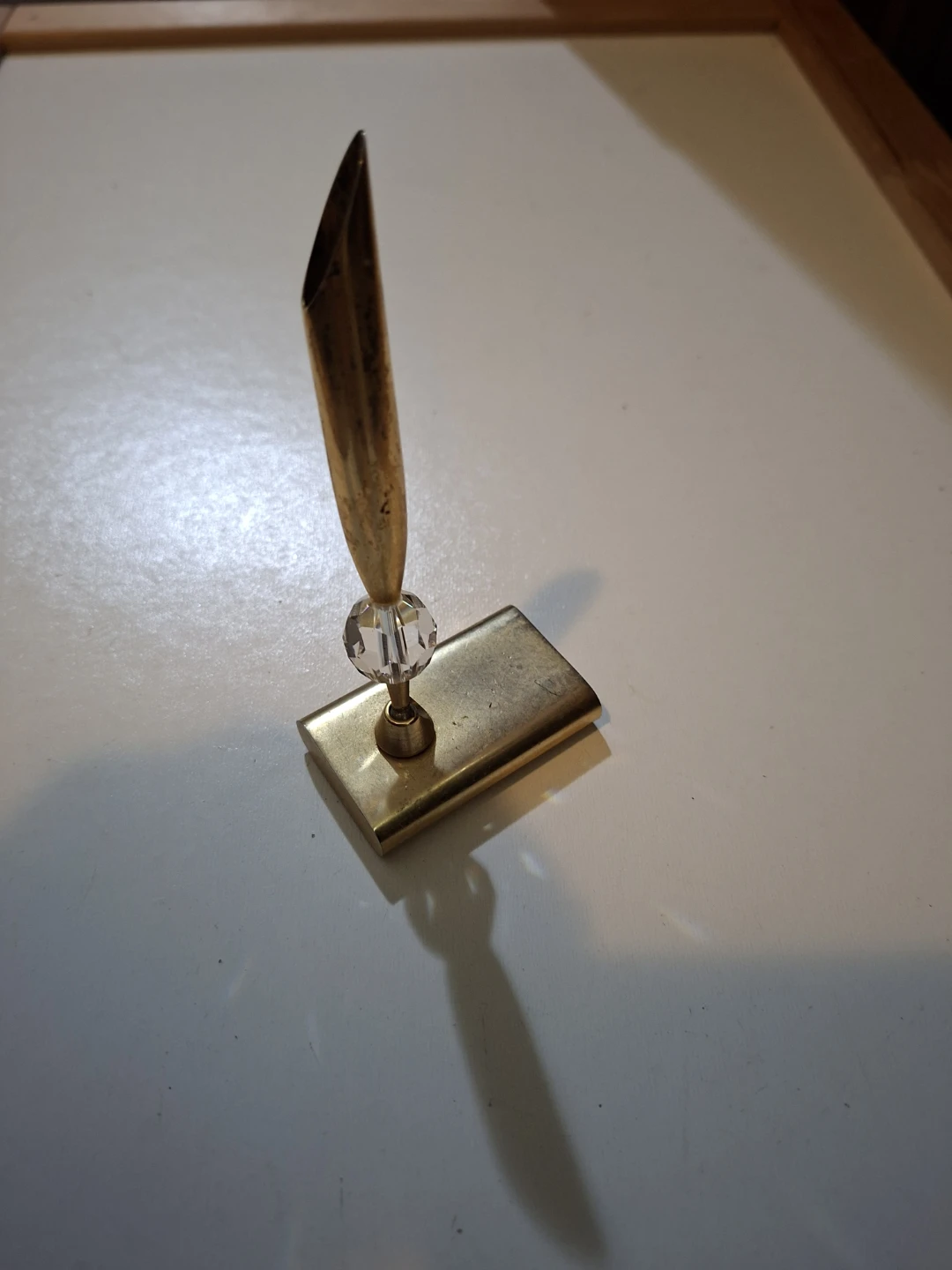 Vintage Brass Quill Pen Holder with Crystal Accent