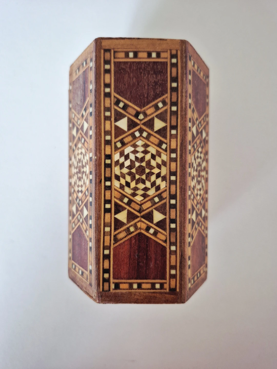 Vintage Inlaid Wood Hexagonal Pen Holder: Geometric Marquetry - photo 2
