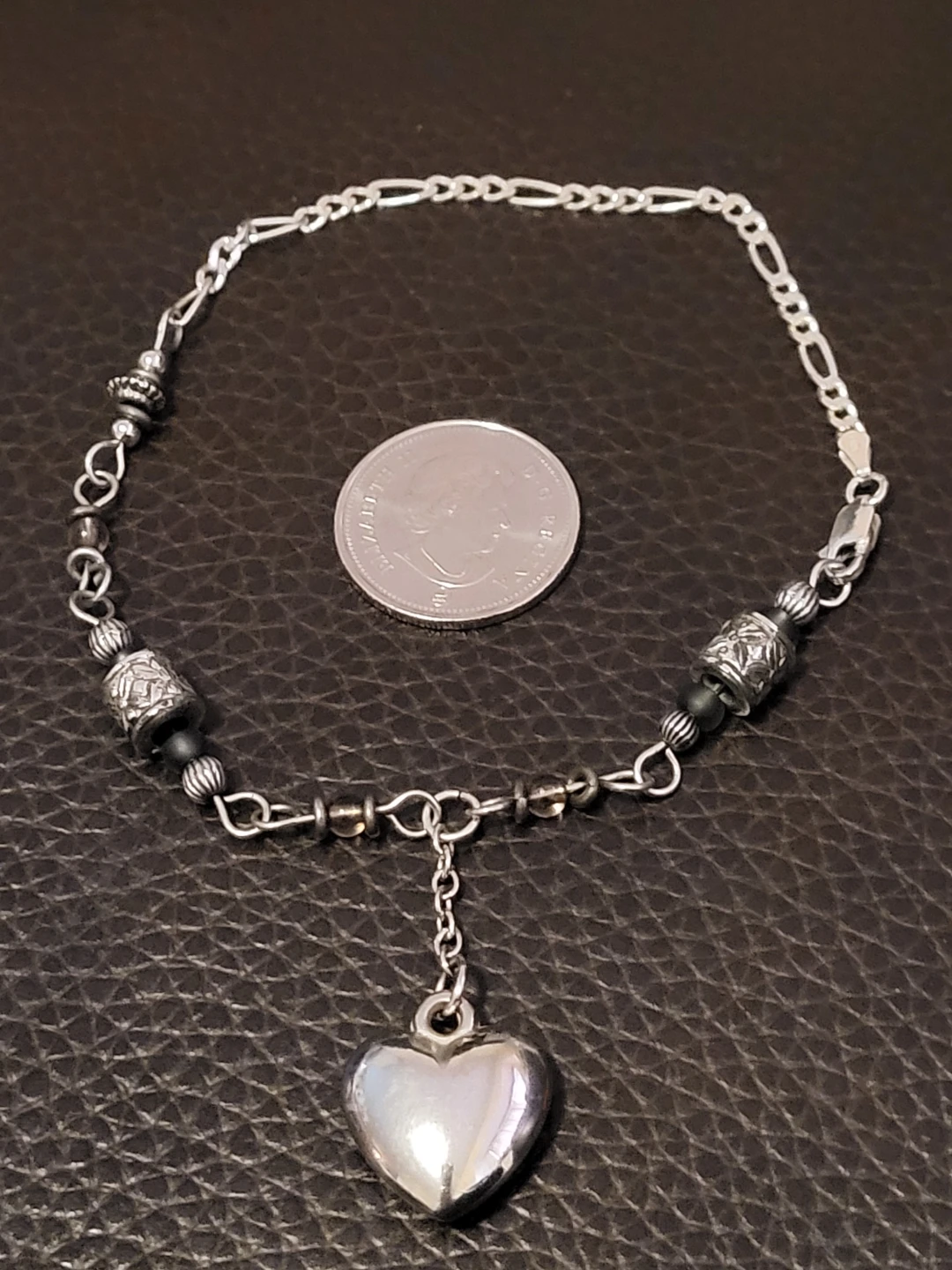 Sterling Silver Heart Charm Ankle Bracelet with Beads