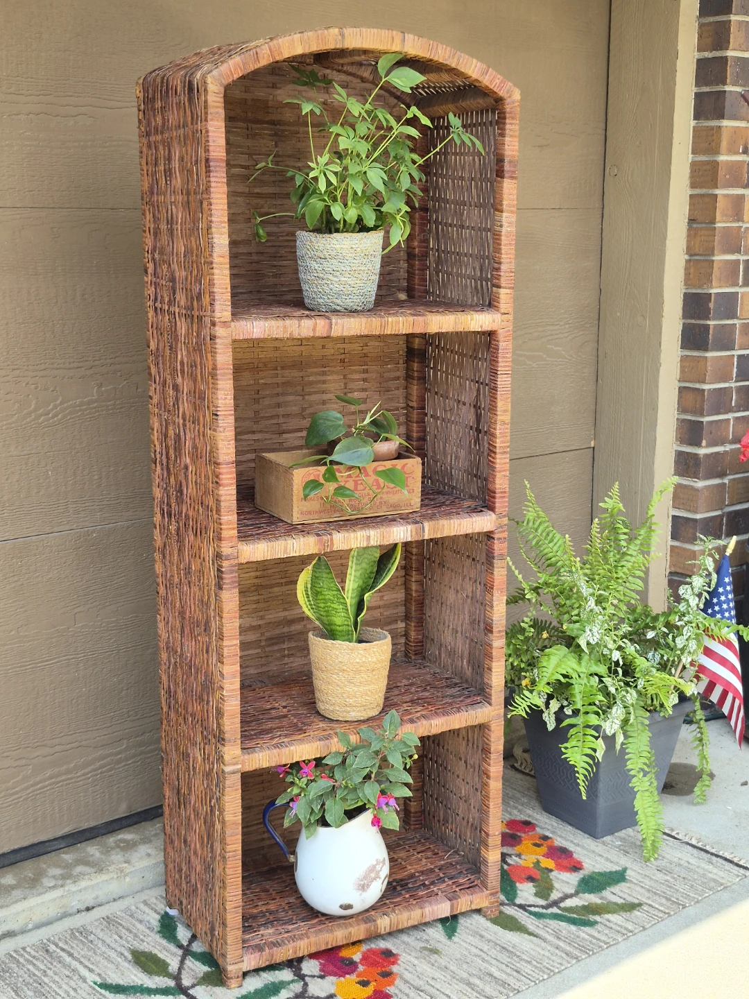 Vintage Arched Woven Wicker Boho Coastal Etagere Shelving Unit