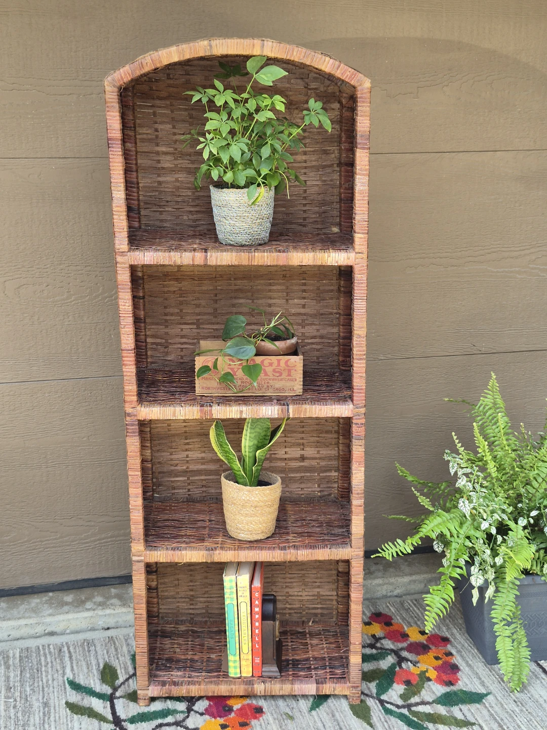 Vintage Arched Woven Wicker Boho Coastal Etagere Shelving Unit - photo 2