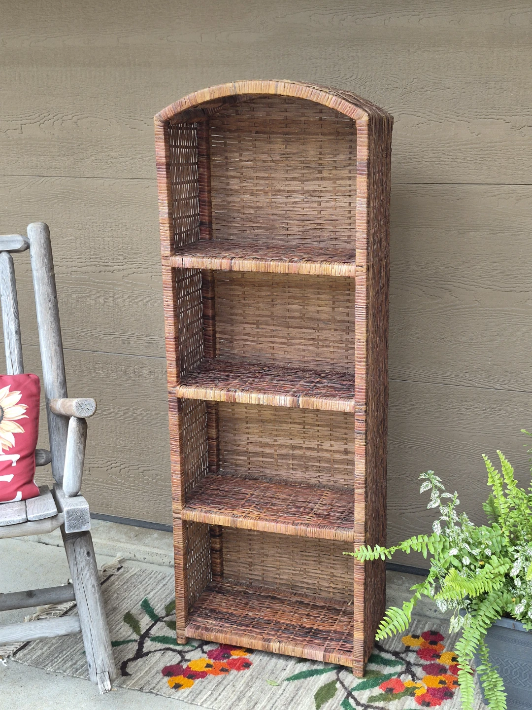 Vintage Arched Woven Wicker Boho Coastal Etagere Shelving Unit - photo 3