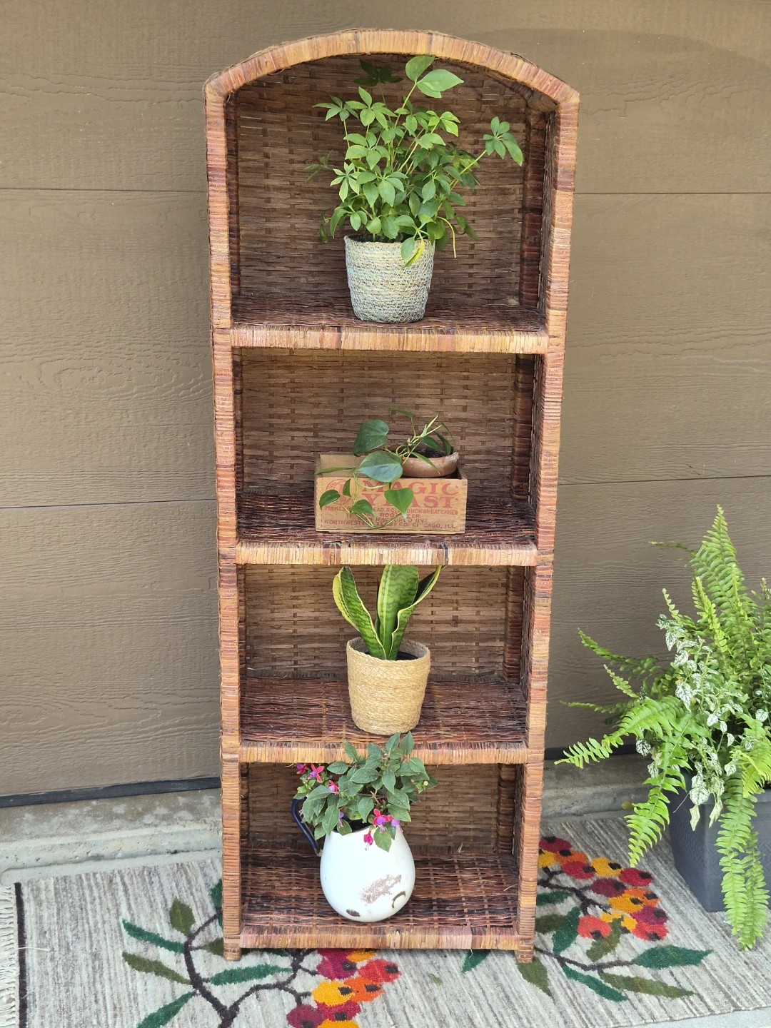 Vintage Arched Woven Wicker Boho Coastal Etagere Shelving Unit - photo 5
