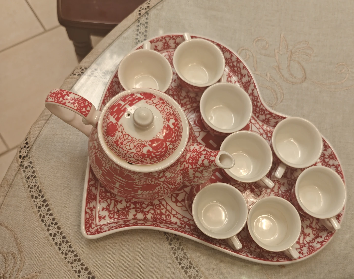Chinese Red and White Tea Set with Tray - photo 4