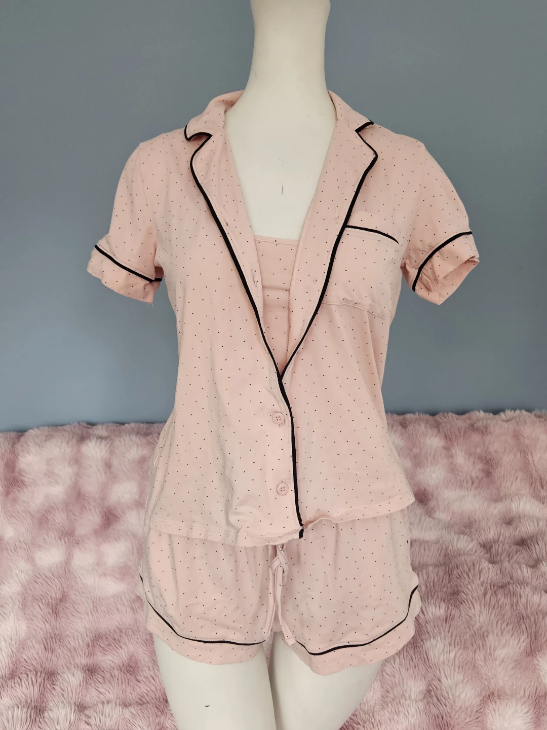 pink and black polkadot pajama top