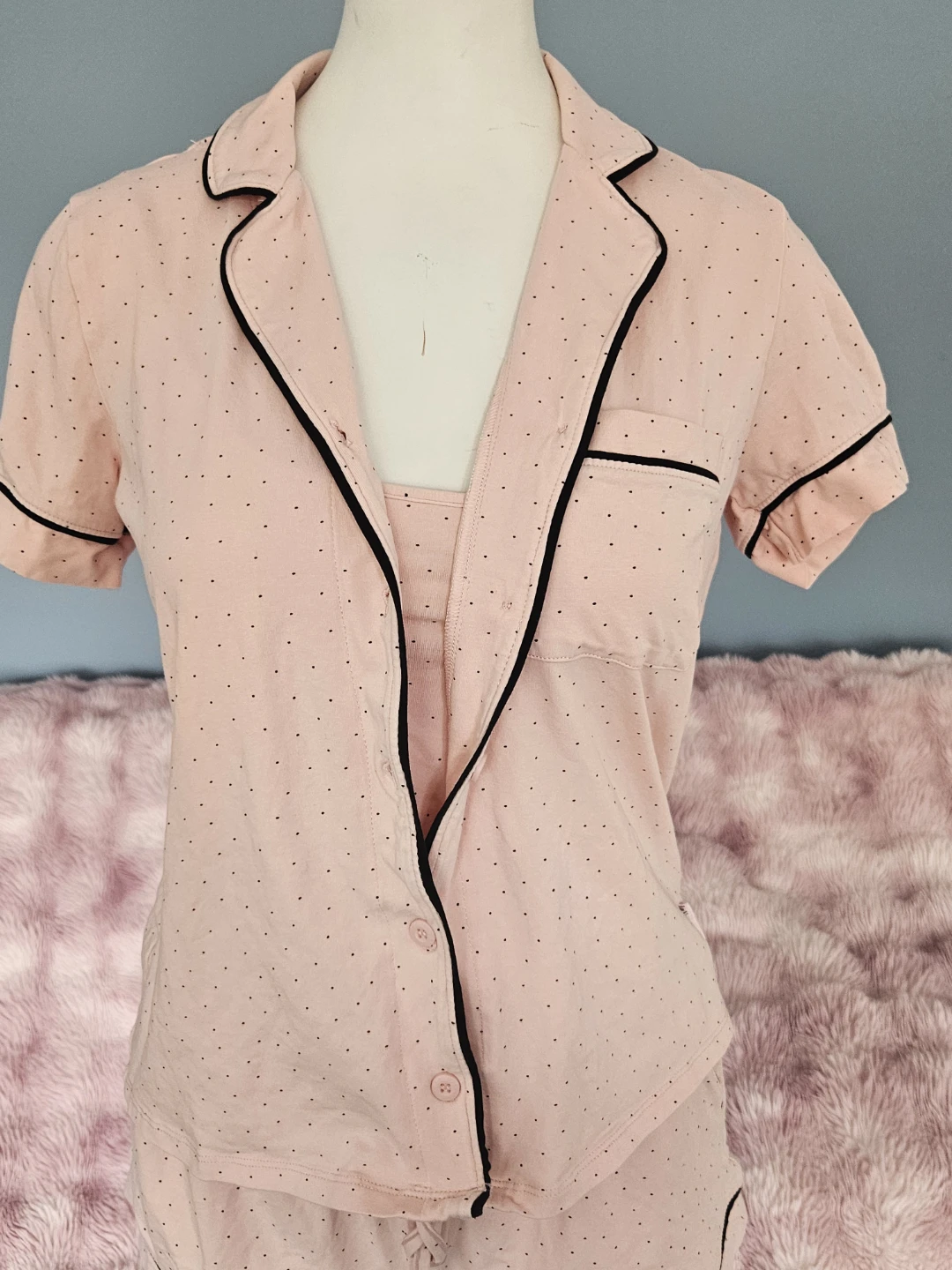 pink and black polkadot pajama top - photo 2