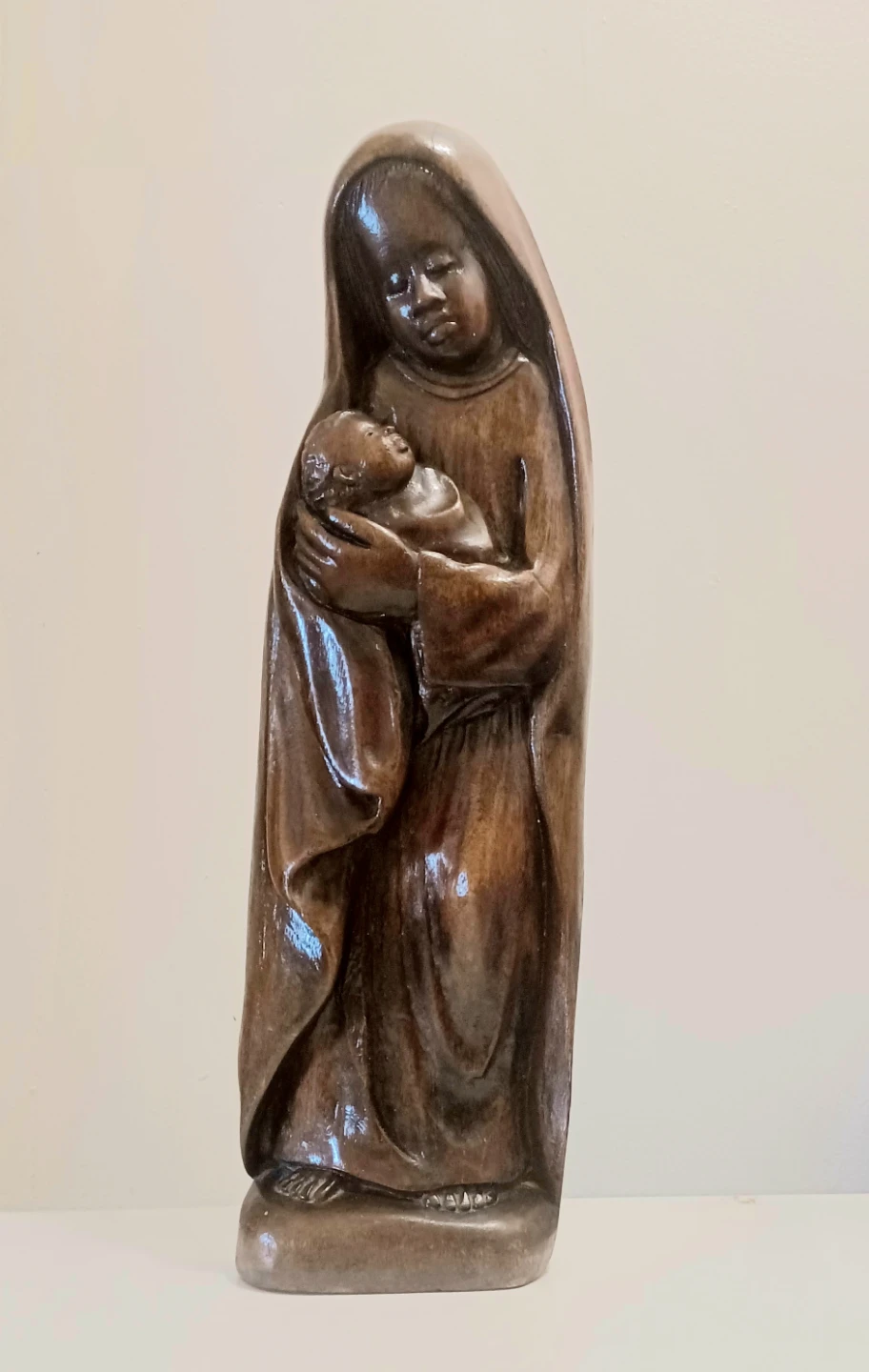 Tall Hand Carved Wooden Madonna & Child Statue