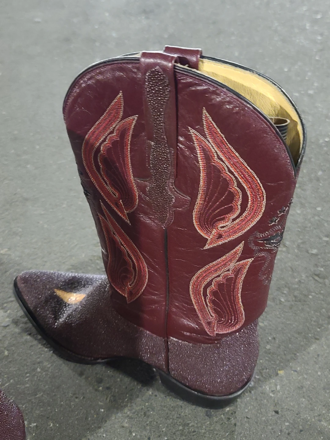 Maroon Cowboy Boots with Flame Stitching and Stingray Toe