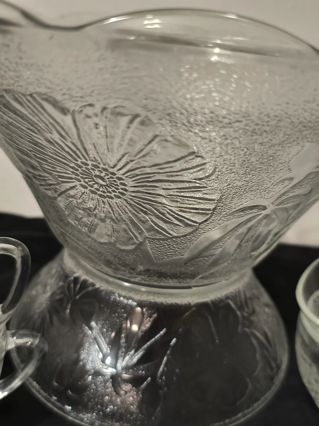 Clear Glass Punch Bowl and Cups Set with Floral Etching - photo 5
